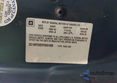 2000 Chevrolet Impala из США, поврежденный, VIN 2G1WF55E0Y9301906